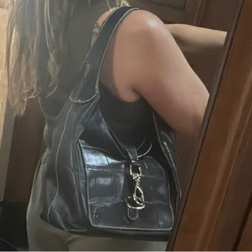Dooney & Bourke Black Croc-Embossed Leather Shoulder Bag with Silver Hardware